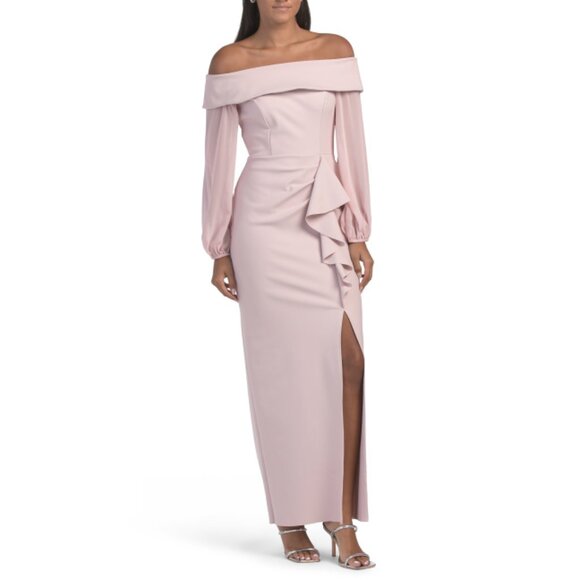 ALEX EVENINGS Pink Off The Shoulder Side Ruffle Gown - Picture 1 of 2